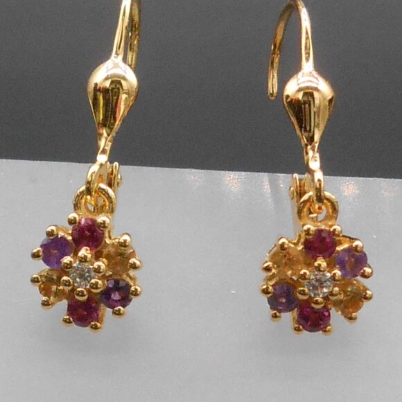 Earrings, Multi Gemstone Floral in 18K Vermeil Yellow Gold Over Sterling - Picture 7 of 8